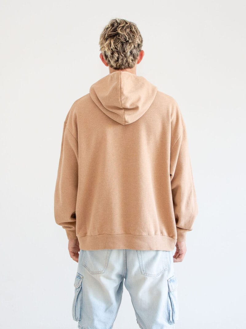 Sudadera unisex algodón 100% orgánico marrón, vista trasera limpia con capucha, logo bordado ecru, talla S-XXXL