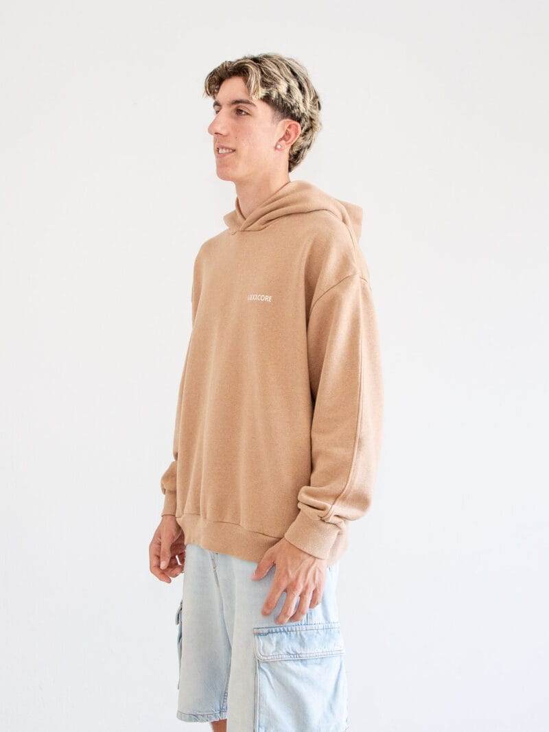Sudadera unisex algodón 100% orgánico marrón, giro 4/4 izquierda, logo bordado ecru, talla S-XXXL