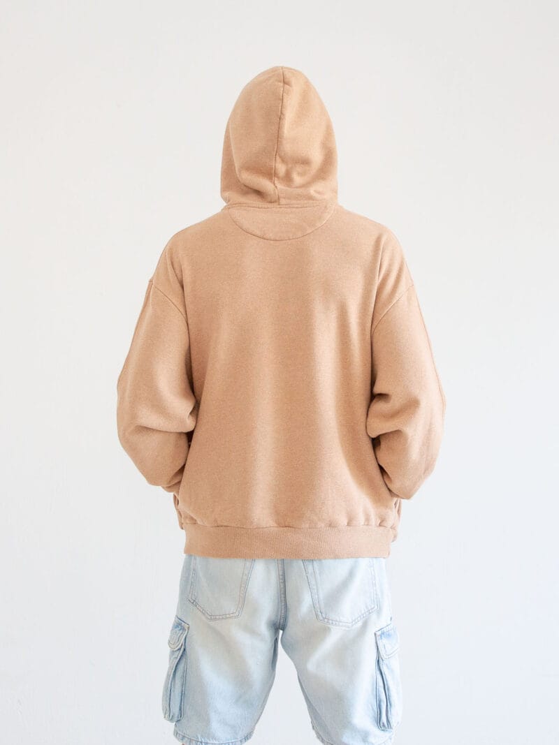 Sudadera unisex algodón 100% orgánico marrón, vista trasera con capucha, logo bordado ecru, talla S-XXXL