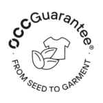 Sello circular con semillas de algodón y una camiseta, acompañado del texto "From Seed to Garment".
